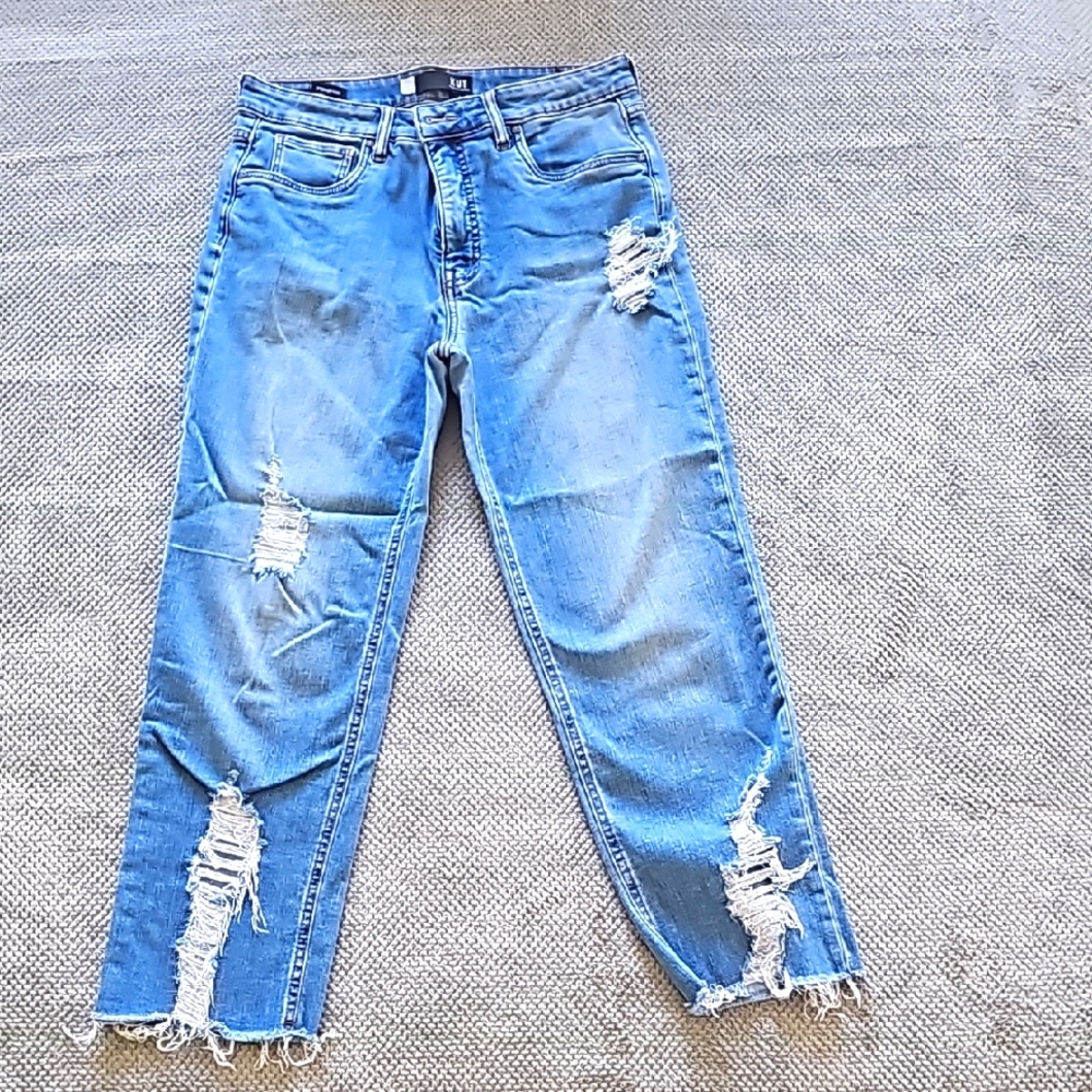 Kut Distressed High Rise Ab Crop Straight Leg Blue Jeans 8